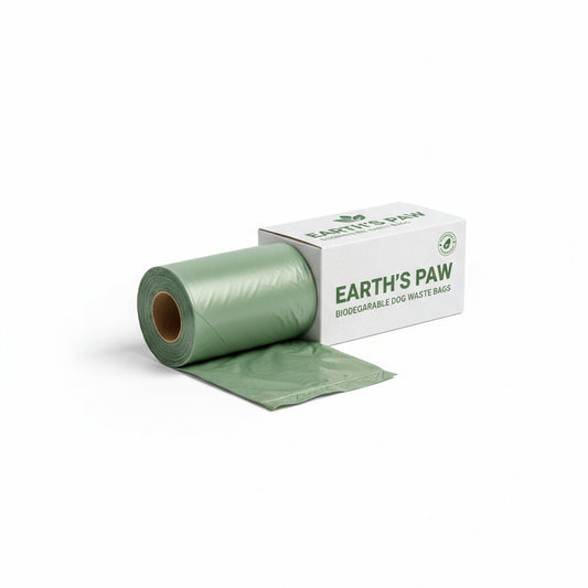 Eco-friendly dog poo bags on a roll, white background
